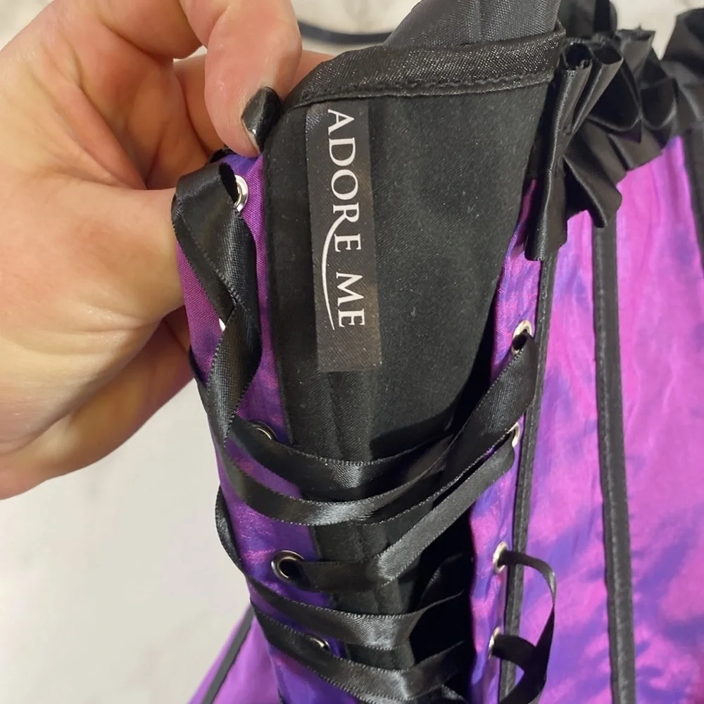 Adore Me Bustier Corset Top Women Size Small Purple Black Strapless Ruffle Boned